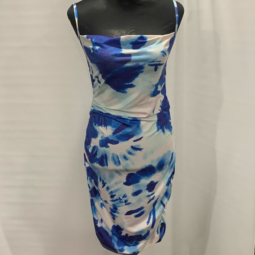 Shein spaghetti strip dress multicolored blue and white with ruching,  Size L
